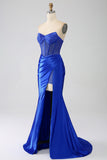 Mermaid Axelbandslös Royal Blue Corset Balklänning med Beading