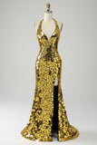Golden Mermaid Halter Djup V-ringad Backless Spegel Balklänning Med Hög Slits
