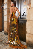 Gyllene Mermaid Halter Glitter Spegel Balklänning Med Hög Slits