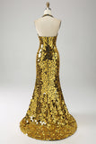 Golden Mermaid Halter Djup V-ringad Backless Spegel Balklänning Med Hög Slits