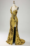 Golden Mermaid Halter Djup V-ringad Backless Spegel Balklänning Med Hög Slits