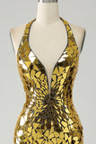 Golden Mermaid Halter Djup V-ringad Backless Spegel Balklänning Med Hög Slits