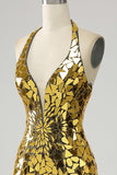 Golden Mermaid Halter Djup V-ringad Backless Spegel Balklänning Med Hög Slits