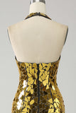Golden Mermaid Halter Djup V-ringad Backless Spegel Balklänning Med Hög Slits