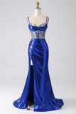 Royal Blue Mermaid Glittrande Paljett Plisserad Korsett Balklänning Med Slits
