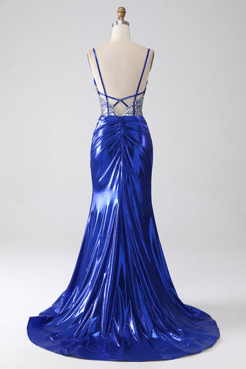Royal Blue Mermaid Glittrande Paljett Plisserad Korsett Balklänning Med Slits