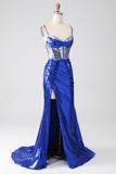 Royal Blue Mermaid Glittrande Paljett Plisserad Korsett Balklänning Med Slits