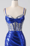 Royal Blue Mermaid Glittrande Paljett Plisserad Korsett Balklänning Med Slits