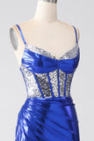 Royal Blue Mermaid Glittrande Paljett Plisserad Korsett Balklänning Med Slits