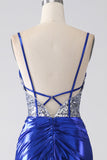Royal Blue Mermaid Glittrande Paljett Plisserad Korsett Balklänning Med Slits