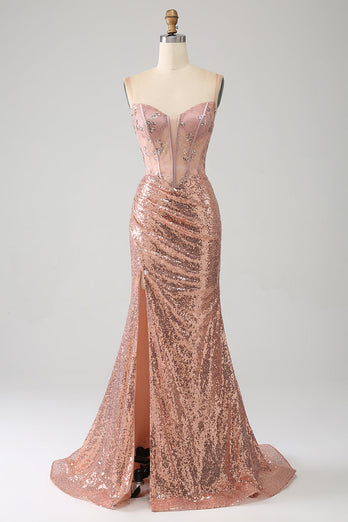 Rose Gold Mermaid pärlstav rynkad paljett korsett balklänning med sidoslits