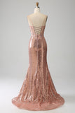 Rose Gold Mermaid pärlstav rynkad paljett korsett balklänning med sidoslits