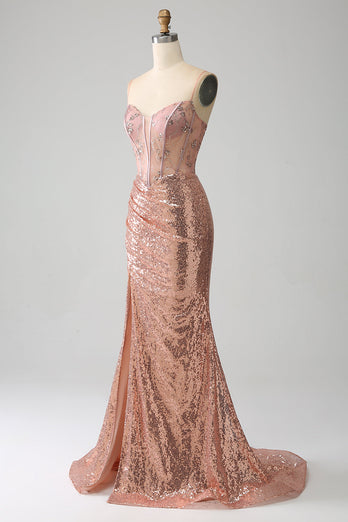 Rose Gold Mermaid pärlstav rynkad paljett korsett balklänning med sidoslits