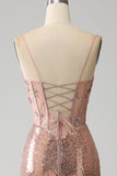 Rose Gold Mermaid pärlstav rynkad paljett korsett balklänning med sidoslits