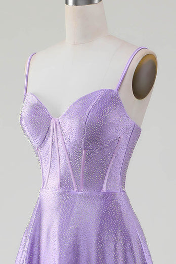 Enkla glittrande lila A-linje sidoslits korsett balklänningar med strass
