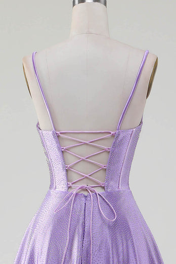 Enkla glittrande lila A-linje sidoslits korsett balklänningar med strass