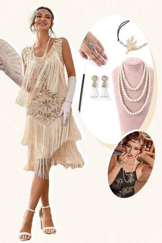 Champagne Paljetter Fransar 1920-Talets Gatsby-klänning med 20-Tals Tillbehör