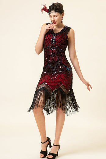 Röda och Svarta Paljetter Fransar 1920-talets Gatsby-klänning med 20-talstillbehör