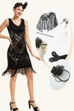 Svarta paljettfransar 1920-talets Gatsby Flapper-klänning med 20-talstillbehör Set