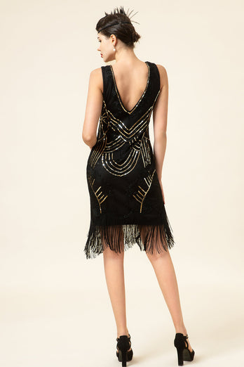 Svarta paljettfransar 1920-talets Gatsby Flapper-klänning med 20-talstillbehör Set