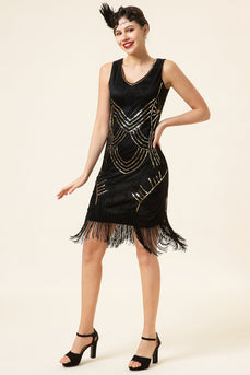 Svarta paljettfransar 1920-talets Gatsby Flapper-klänning med 20-talstillbehör Set