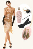 Rosa Kepsärmar Paljetterade Fransar 1920-Talets Gatsby Flapper Klänning med 20-Talstillbehör Set