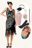 Svart Och Blå Paljetter Fransar 1920-Talets Gatsby Flapper-klänning med 20-Tals Tillbehör Set