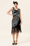 Svart Och Blå Paljetter Fransar 1920-Talets Gatsby Flapper-klänning med 20-Tals Tillbehör Set