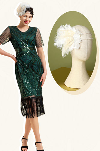 Mörkgröna Kortärmade Paljetter Fransar 1920-Talets Gatsby Flapper-klänning med 20-talstillbehör Set
