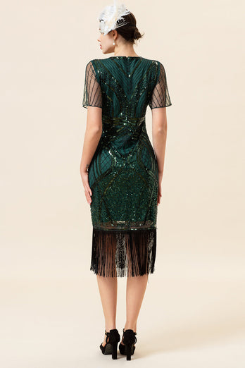 Mörkgröna Kortärmade Paljetter Fransar 1920-Talets Gatsby Flapper-klänning med 20-talstillbehör Set