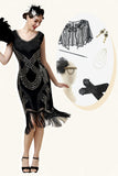 Svart Paljetterad Fransar 1920-Tals Gatsby Flapper Klänning med 20-Talets Tillbehörsset