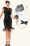 Svart och Grön Paljetter Fransar 1920-Talets Gatsby Flapper Klänning med 20-Talets Tillbehörsset