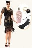 Svarta och Gyllene Kortärmar Paljetterade Fransar 1920-Talets Gatsby Flapper-klänning med 20-talstillbehör Set