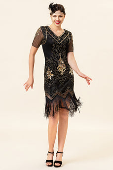 Svarta och Gyllene Kortärmar Paljetterade Fransar 1920-Talets Gatsby Flapper-klänning med 20-talstillbehör Set