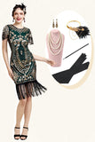 Grön Paljetter Glitter Flapper Klänning med 1920-Talets Tillbehörsset