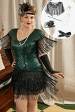Grön Paljetter Fransar Plus Size 1920-Tals Gatsby Klänning med 20-Tals Tillbehör Set