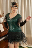 Grön Paljetter Fransar Plus Size 1920-Tals Gatsby Klänning med 20-Tals Tillbehör Set