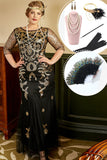 Svart och Gyllene Plus Size 1920-Tals Gatsby Klänning med 20-Talets Tillbehör Set