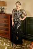 Svart och Gyllene Plus Size 1920-Tals Gatsby Klänning med 20-Talets Tillbehör Set