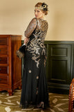 Svart och Gyllene Plus Size 1920-Tals Gatsby Klänning med 20-Talets Tillbehör Set