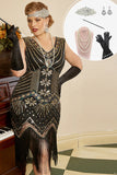 Svarta Gyllene Paljetter Plus Size 1920s Gatsby Klänning Med 20-Talets Tillbehör Set