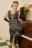 Svarta Gyllene Paljetter Plus Size 1920s Gatsby Klänning Med 20-Talets Tillbehör Set