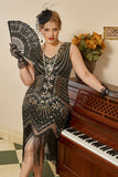 Svarta Gyllene Paljetter Plus Size 1920s Gatsby Klänning Med 20-Talets Tillbehör Set