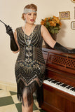 Svarta Gyllene Paljetter Plus Size 1920s Gatsby Klänning Med 20-Talets Tillbehör Set