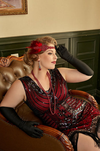 Röd Paljetter Fransar Plus Size 1920-Tals Gatsby Klänning Med 20-Tals Tillbehör Set