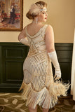 Aprikos Paljetter Fransar Plus Size 1920-Tals Gatsby Klänning Med 20-Talets Tillbehör Set