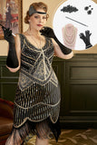 Svart Gyllene Paljetter Fransar 1920-Tals Plus Size Klänning Med 20-Tals Tillbehör Set