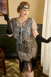 Svarta och Aprikos Paljetter 1920-tals Plus Size Gatsby Flapper Klänning med 20-Talets Tillbehörsset