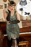 Gyllene Och Gröna Paljetter Fransar 1920-Tals Plus Size Gatsby Flapper Klänning med 20s-Tals Tillbehör Set