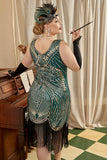 Gyllene Och Gröna Paljetter Fransar 1920-Tals Plus Size Gatsby Flapper Klänning med 20s-Tals Tillbehör Set